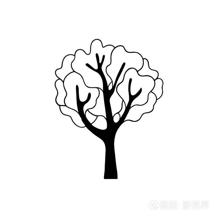 黑白树轮廓,白色背景上有皇冠. 矢量图.