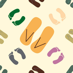 彩色无缝图案与拖鞋和脚印。