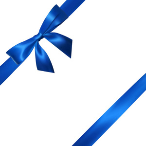 现实的蓝色蝴蝶结与蓝色丝带隔离在白色上。 装饰礼品元素，问候节日。 矢量图。