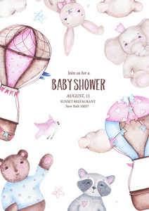 水彩是男孩女孩婴儿淋浴与可爱的热气球熊象浣熊兔子云和鸟卡邀请在白色背景。 生日儿童装饰儿童插图
