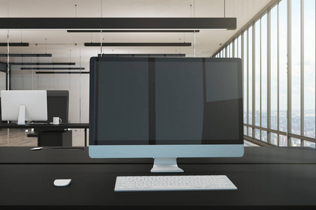 关闭办公室桌面，在空电脑上反射。 模拟3D渲染