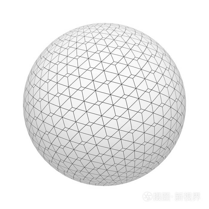 球面或球几何形状的线框三角形,在白色背景上隔离网格线. 模拟设计.