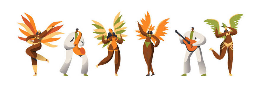 巴西狂欢节舞者字符集。在里约热内卢快乐假期庆祝活动中, 女子在异国情调的羽毛服装跳舞。男人玩吉他。拉丁裔人士平卡通矢量插图