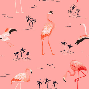 热带火烈鸟无缝向量夏季模式与热带棕榈树。鸟背景为壁纸, 网页, 纹理, 纺织品
