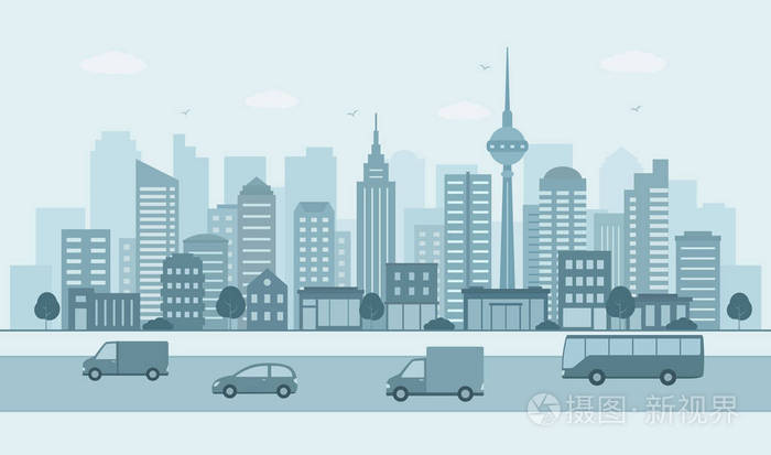 现代城市景观. 城市生活插图与住宅立面和其他城市细节.