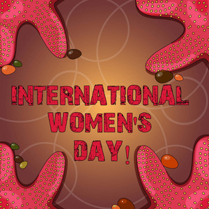 显示国际妇女节的文字符号。概念相片国际庆祝妇女成就海星相像在四角与五颜六色的鹅卵石海报广告卡片
