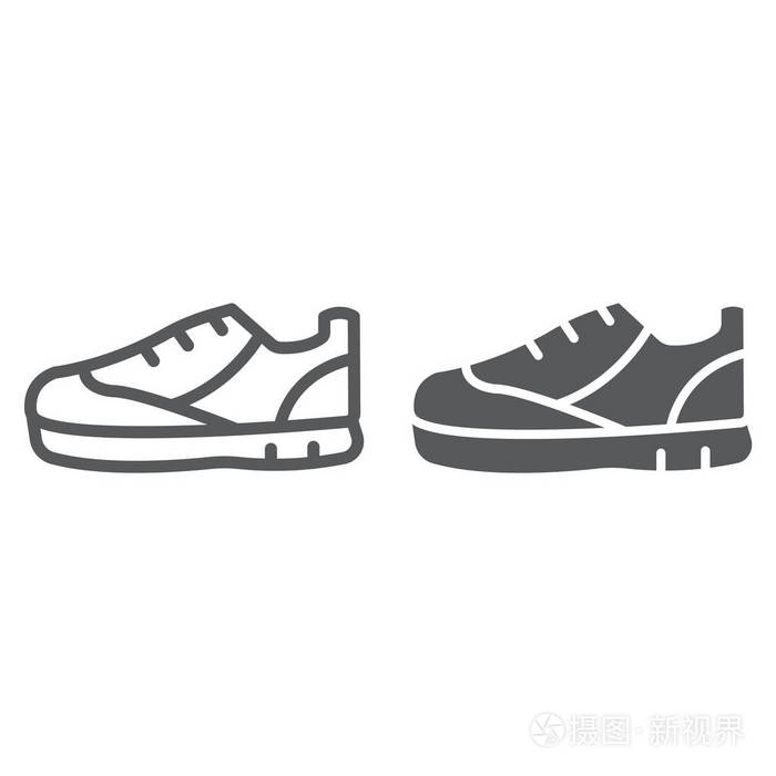 运动鞋线和字形图标, 鞋类和鞋, 运动鞋符号, 矢量图形, 在白色背景的