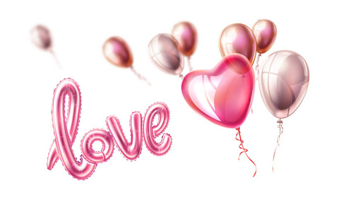 爱现实的橡胶气球与心气球飞走为快乐情人节，妇女节假期，约会邀请，婚礼或婚姻贺卡矢量设计。