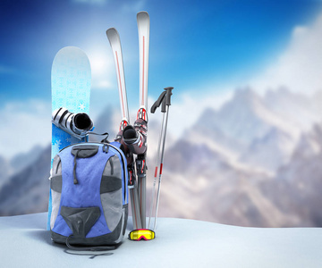 冬季旅游的概念滑雪板和滑雪在雪地3D渲染山地背景