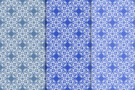 蓝色的花饰。 一组垂直无缝图案。 壁纸背景