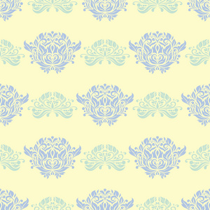 花卉无缝背景。 米色背景下的蓝色和绿色花型，用于壁纸纺织品和织物