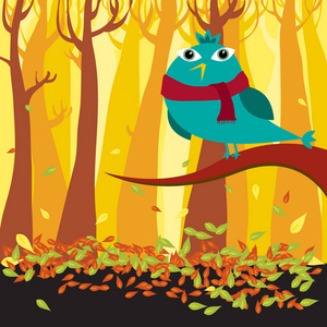 向量平的秋天鸟动画片在树上