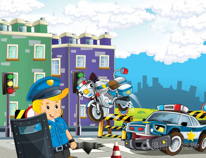 卡通场景与警车马达警察巡逻插图儿童