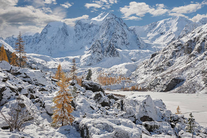 雪覆盖冬山湖俄罗斯西伯利亚阿尔泰山丘崖岭