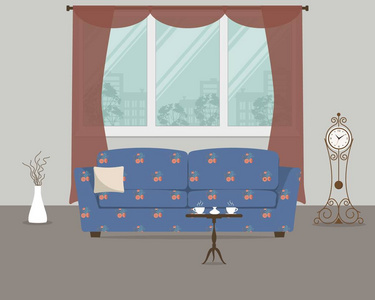 客厅内部。图中有一张蓝色的花沙发，背景是窗户。这里还有一个祖父的钟一张咖啡桌和一个插着树枝的花瓶。矢量平面图