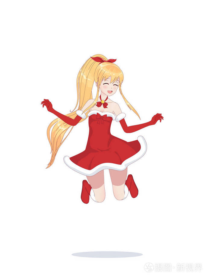 欢乐动漫漫画女孩作为圣诞老人在跳跃