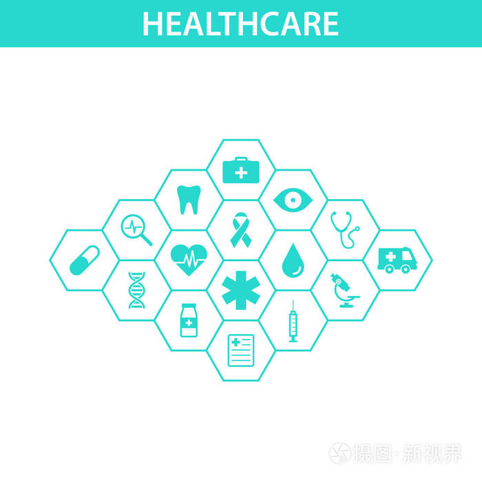 医疗保健理念抽象六边形塑造医学和科学背景与图标为医疗健康战略护理
