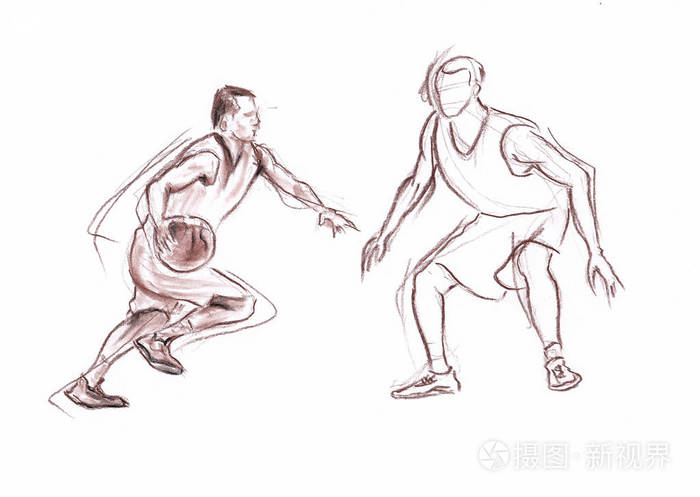 篮球运动员用手画的彩色铅笔在纸上画艺术插图