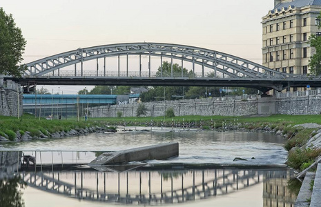 s reflection in evening blue hour Ostrava city.