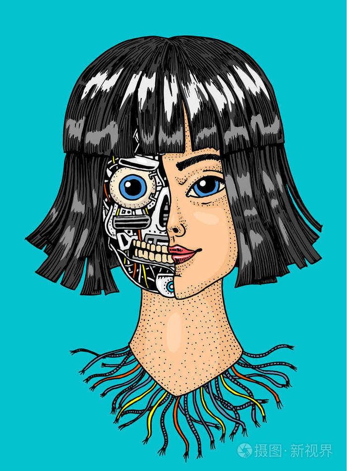 一个有一半机器人脸的女人.复制人或 android.手绘未来技术.