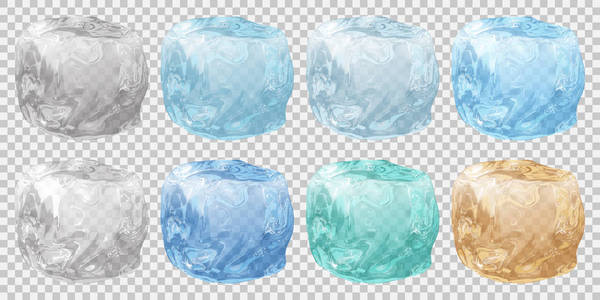 透明背景上各种颜色的逼真半透明冰块组