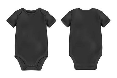 矢量逼真的黑色黑色婴儿紧身衣模板, 在白色背景隔离的模拟特写镜头。正面和背面。身体的孩子, 婴儿衬衫, 一个。配件, 给新生儿穿