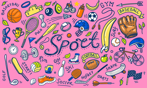 一套运动偶像涂鸦风格。健身和训练设备。健康和活动的象征。网球和足球, 篮球。健身房和体育比赛。网站的背景