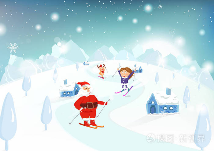 圣诞老人圣诞老人小孩和驯鹿在山上滑雪寒假可爱卡通人物幻想风景透视