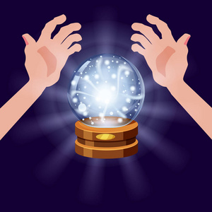 魔术水晶球财富, 张开的手, 迷雾, 闪亮, 魔术, 预测, 球体, 光效果, 发光, 矢量, 插图, 孤立, 卡通风格