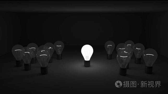 一盏明亮的灯在黑色背景上的几盏昏暗的灯之间熄灭的灯中闪烁着明亮的