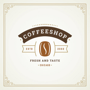 咖啡厅LOGO设计模板矢量插图..豆轮廓，适合自助餐厅标志和咖啡厅徽章。复古排版徽章。