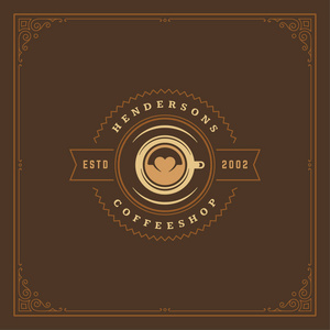 咖啡店标志设计模板矢量插图。 杯子轮廓有利于自助餐厅标志和咖啡馆徽章。 复古排版标志。