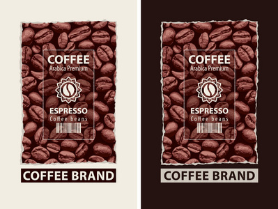两个咖啡豆标签的矢量集。 咖啡标签与咖啡豆在花条形码和文字浓缩阿拉伯优质背景与咖啡谷物。