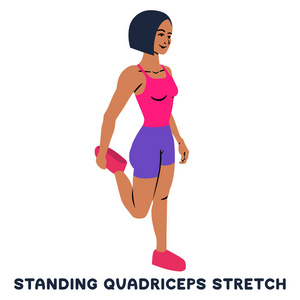 站立股四头肌伸展..体育锻炼。女人做运动的剪影。作业培训