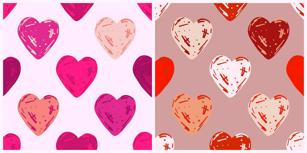 情人节向量无缝模式与粉红色和红色的心。手绘爱情浪漫主题。节日可爱的背景。重复装饰设计