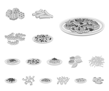 面食和碳水化合物标识的孤立对象。面食和通心粉股票矢量图的收集