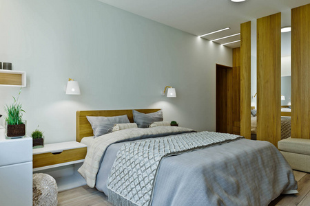 现代卧室内部在温暖的颜色与木镶板