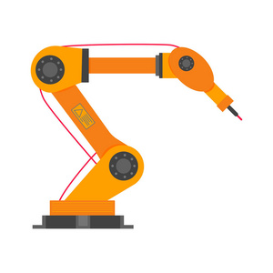 机器人手臂平面风格设计矢量插图图标标志隔离在白色背景上。 机器人手臂或手。 工业机器人机械手。 现代智能工业4.0技术。 自动化