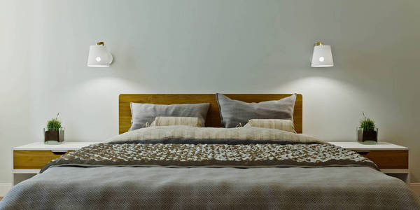 现代卧室内部在温暖的颜色与木镶板