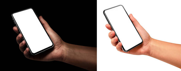 女性手持黑色智能手机，屏幕空白，现代无框设计，黑白背景上的角度位置相互隔离