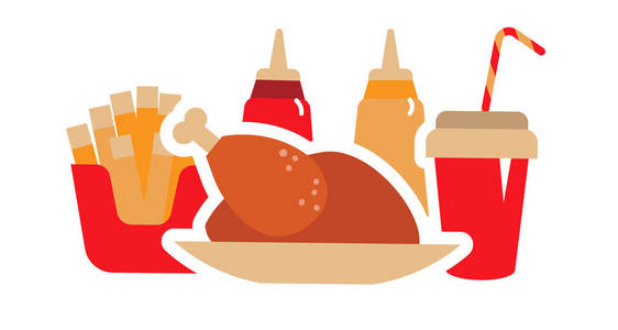 鸡肉快餐概念。 辣辣的亚洲东方味道。 一组平面矢量插图。 贴纸小册子横幅卡餐厅菜单广告设计。