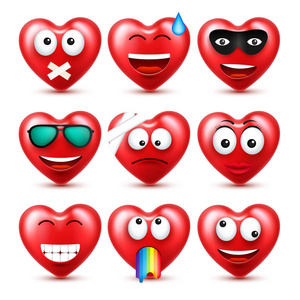 心微笑表情符号向量设置为情人节。有趣的红色脸与表情和情绪。爱情符号