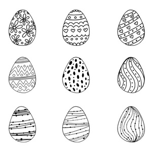 矢量插图黑色涂鸦鸡蛋与手绘装饰复活节假期设计隔离在白色背景。 贺卡海报海报设计