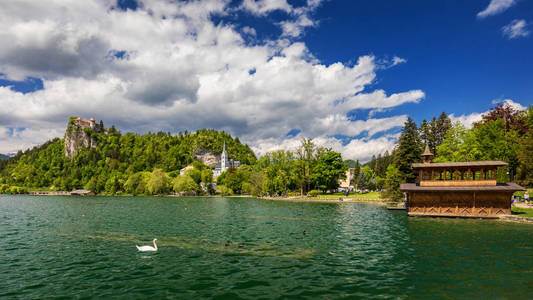 s Church and Bled town with reflection in the lake and the Julia