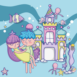 男孩和女孩的爱情幻想城堡海底鱼矢量插图平面设计
