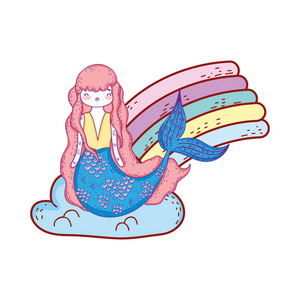 可爱的美人鱼与云和彩虹矢量插图设计