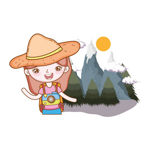 小旅游女孩在景观矢量插图设计