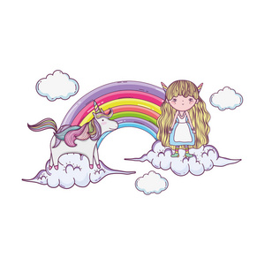 可爱的小仙女与彩虹和独角兽矢量插图设计