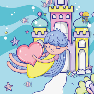 可爱的女孩用心幻想城堡卡通矢量插图平面设计