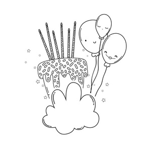 生日蛋糕与气球可爱卡通矢量插图平面设计